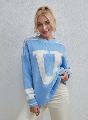 Color Matching Pullover Long Sleeve Letter Sweater