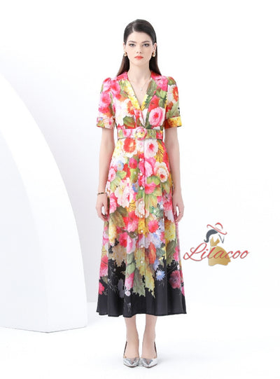 Suit Collar Short Sleeve Floral Print Dress