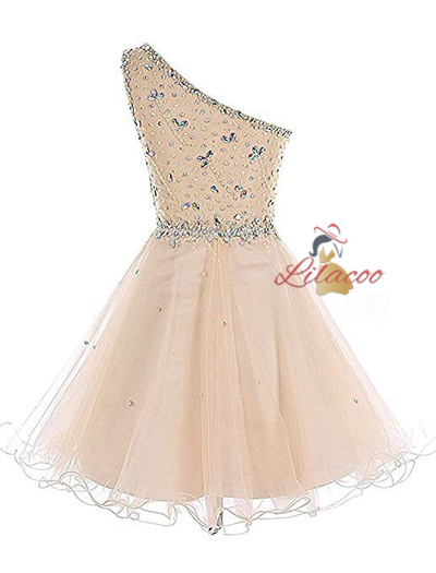 Purple Tulle One Shoulder Crystal Homecoming Dress