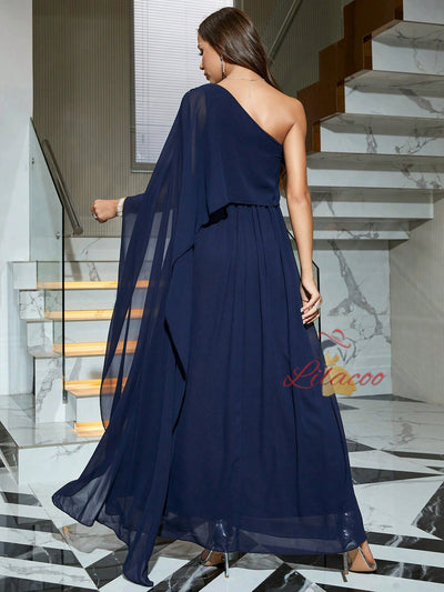 Navy Blue Chiffon One Shoulder Prom Dress