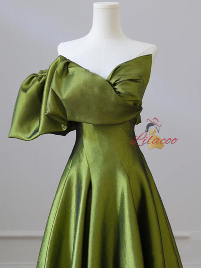 Green Satin Strapless Pleats Prom Dress