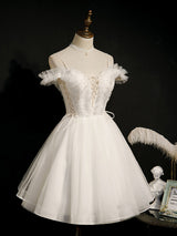 White Tulle Spaghetti Straps Pearls Homecoming Dress