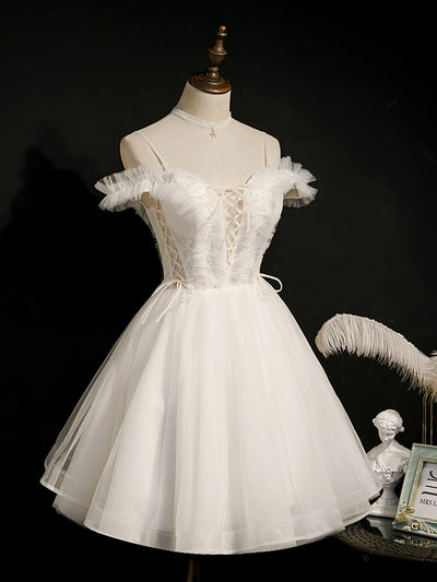 White Tulle Spaghetti Straps Pearls Homecoming Dress