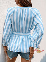 Striped Lace-up V-neck Cropped Sleeve Shirt
