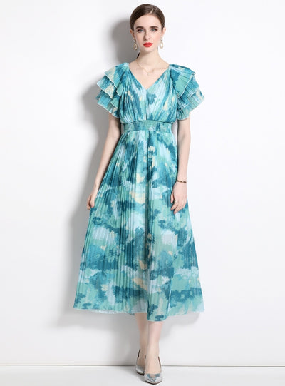 Flying Sleeve V-neck Pleated Holiday Dress