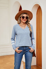 V-neck Contrast Stitching Long Sleeve T-shirt