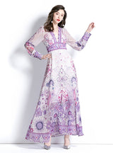 Retro Deep V-neck Lantern Sleeve Printed Dress