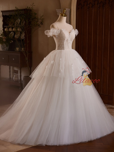 White Tulle Lace Beading Wedding Dress