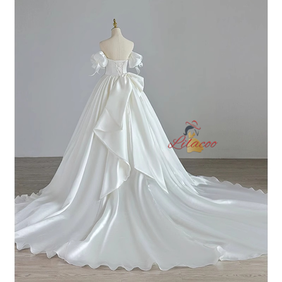 White Satin Strapless Bow Wedding Dress