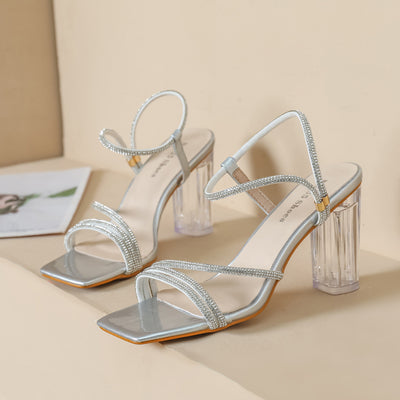 Transparent Rhinestone Thick-heeled High-heeled Sandals