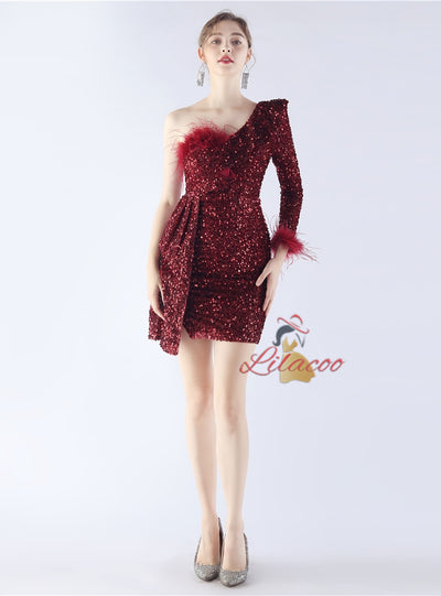 One Shoulder Long Sleeve Sequins Prom Dress