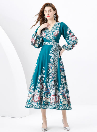 Retro Long-sleeved V-neck Printed Dress