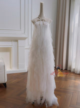 White Tulle Halter Backless Beading Prom Dress