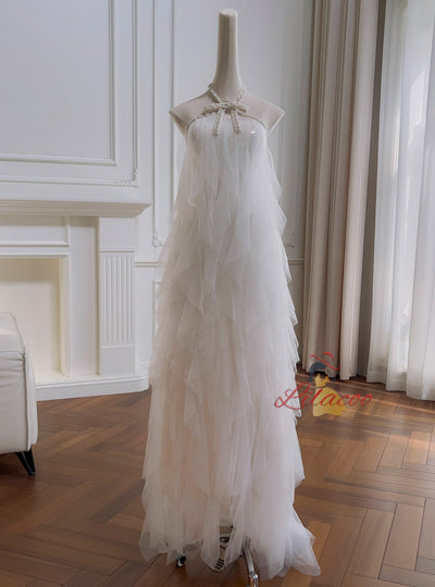 White Tulle Halter Backless Beading Prom Dress