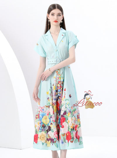 Short Sleeve Printed Long Dress
