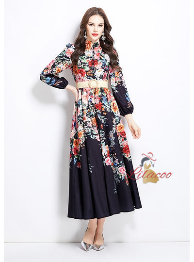 Flower Oil Painting Style Long Dress