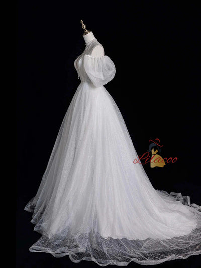 White Sequins Off the Shoulder Pleats Prom Dress