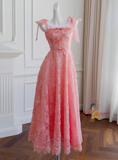 Pink Lace Straps Beading Prom Dress