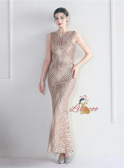 Mermaid Scoop Sequins Sleeveless Beading Prom Dress