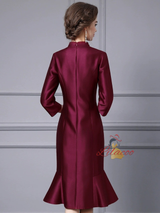 Burgundy Satin Short Sleeve Mother Of The Bride Dress