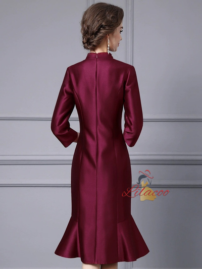 Burgundy Satin Short Sleeve Mother Of The Bride Dress