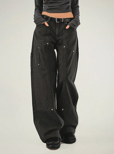Retro Buttoned Black Low-waisted Jeans
