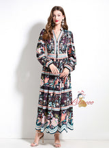 Retro Printed V-neck Button Dress