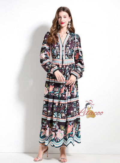 Retro Printed V-neck Button Dress