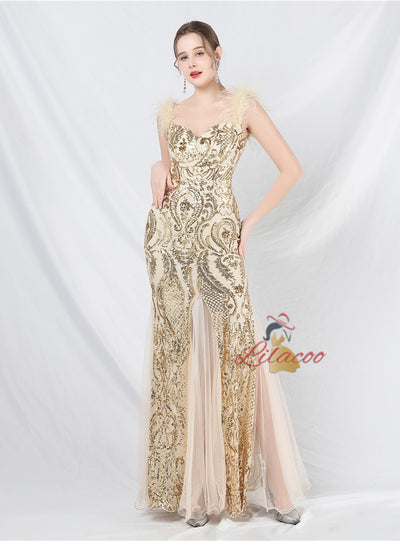 Mermaid Sequins Straps Split Prom Dress