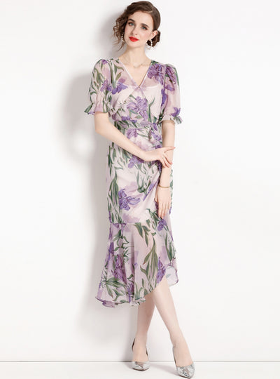 Purple Square Collar Printed Floral Dress