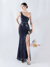 One Shoulder Sequins Beading Prom Dress