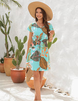 Floral Printed V-neck Short Sleeve Loose Dress
