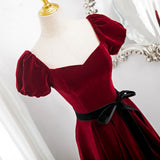 Burgundy Velvet Puff Sleeve Prom Dress
