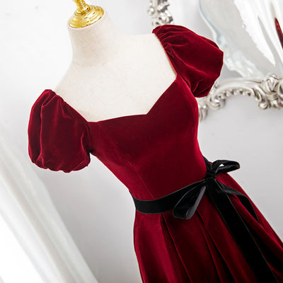 Burgundy Velvet Puff Sleeve Prom Dress