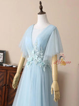 Blue Tulle Appliques Pleats Prom Dress
