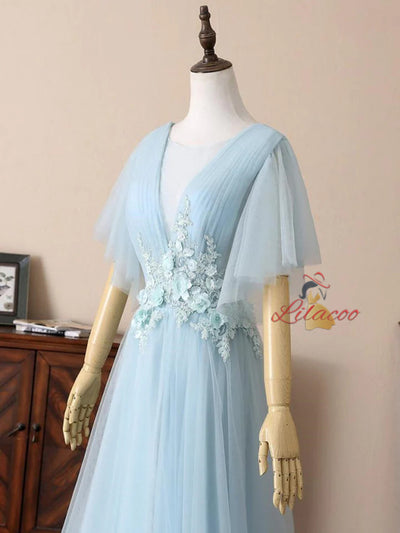 Blue Tulle Appliques Pleats Prom Dress