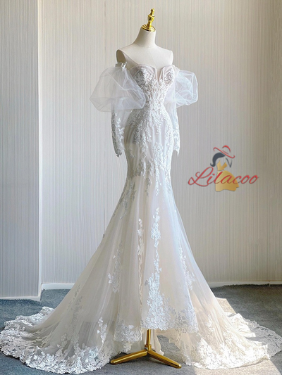 White Mermaid Tulle Lace Wedding Dress