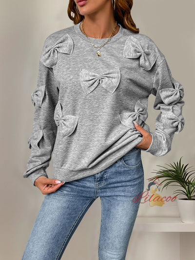 Casual Bow Splicing Gray Round Neck Top