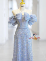 Blue Sequins Strapless Bow Pearls Prom Dress