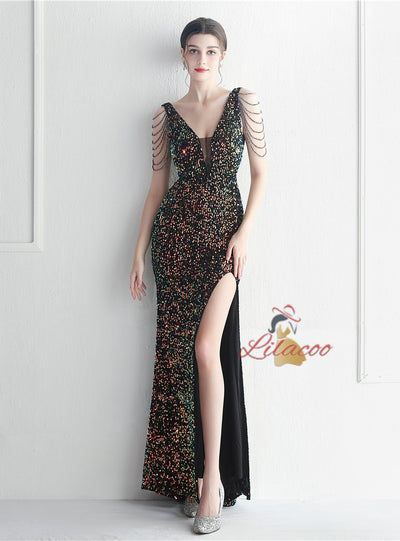 V-neck Mermaid Sequins Prom Dress