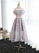 Gray Off the Shoulder Flower Prom Dress