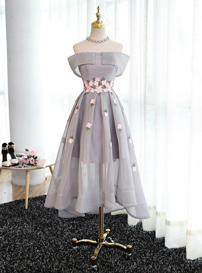 Gray Off the Shoulder Flower Prom Dress