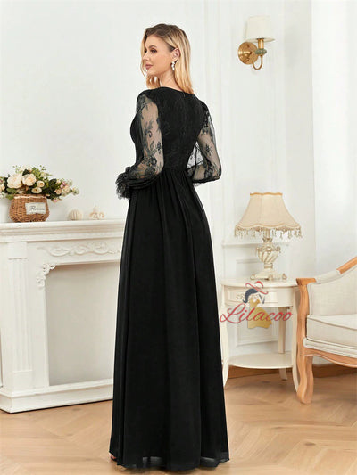 Black Tulle Lace Long Sleeve V-neck Prom Dress