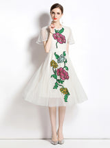 Mesh Sequins Lotus Leaf Sleeve Dress