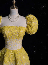 Yellow Sequins Puff Sleeve Prom Dress