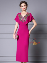 Fuchsia V-neck Beading Mother of the Bride Dress