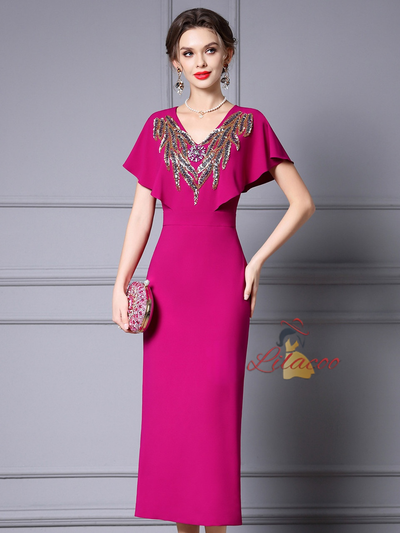 Fuchsia V-neck Beading Mother of the Bride Dress
