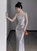 Silver Mermaid Sequins Straps Pleats Prom Dress