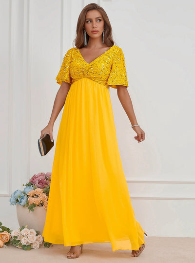 V-neck Sequined Chiffon Dress