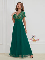 Green Chiffon Sequins V-neck Short Sleeve Prom Dress
